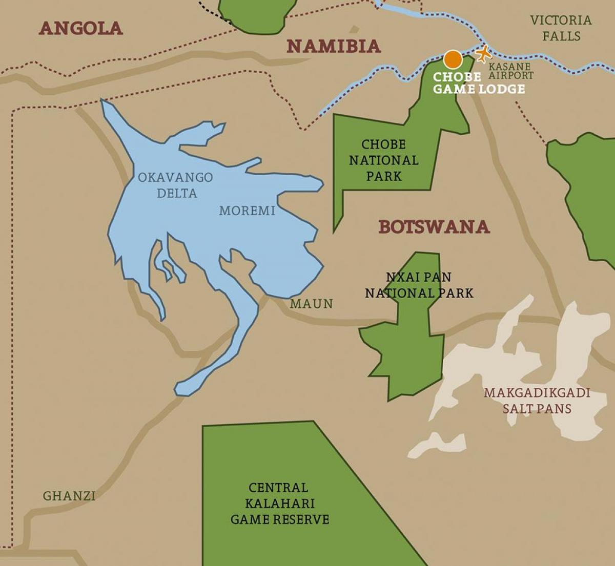خريطة بوتسوانا خريطة المتنزهات الوطنية