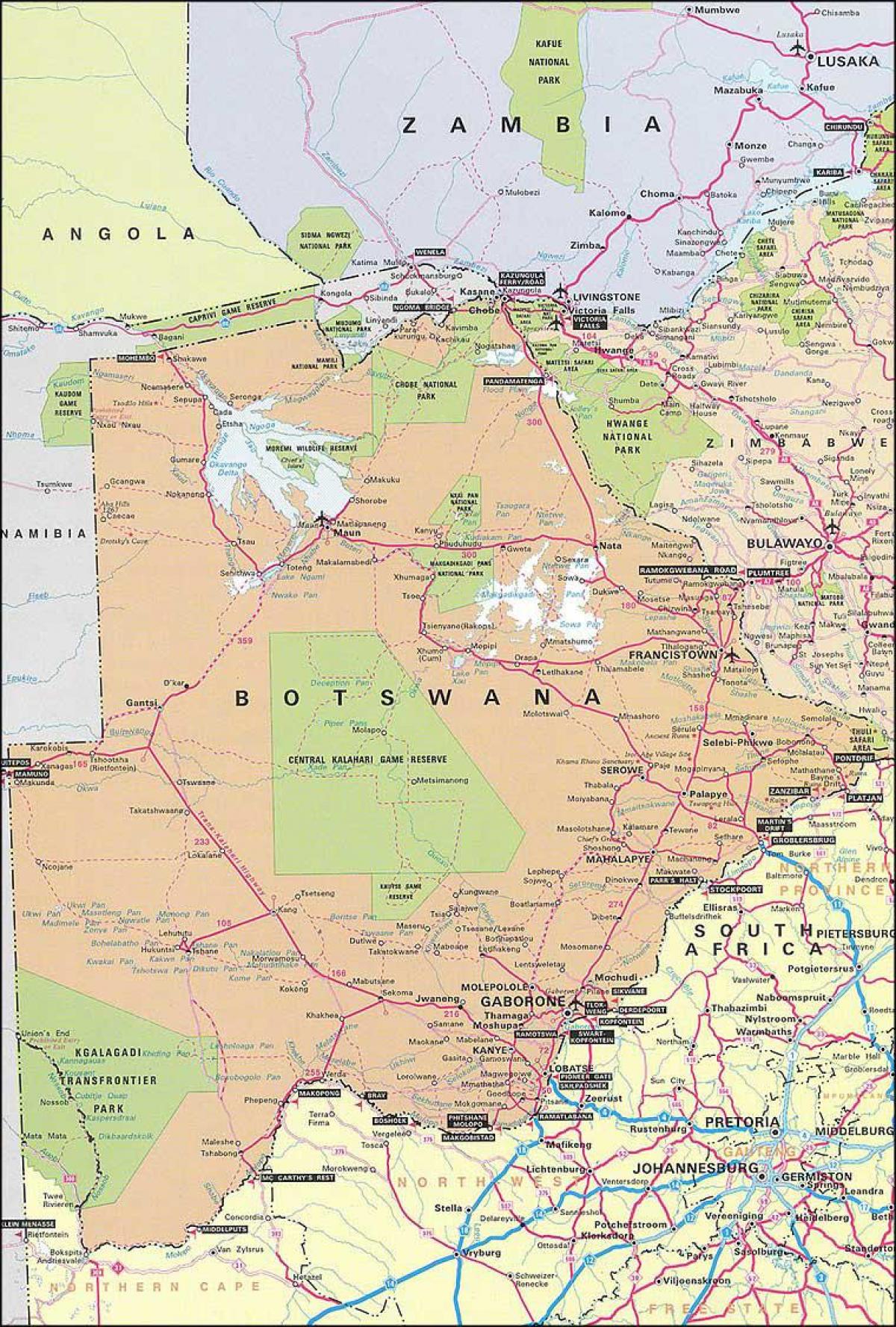 خريطة مفصلة خريطة الطريق بوتسوانا